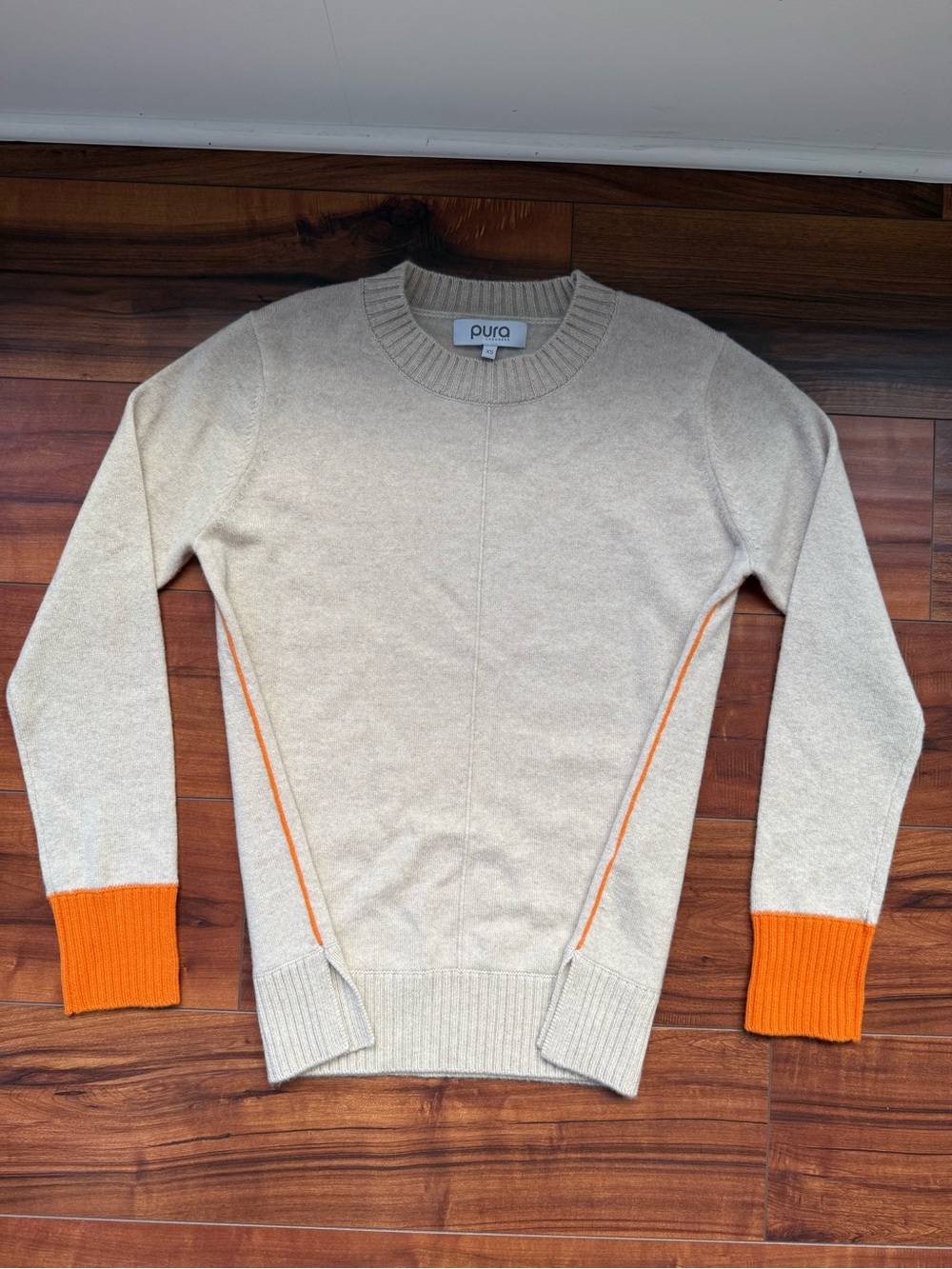 Pura Cashmere 100% Cashmere Contrast Crew Sweater Sand Orange XS